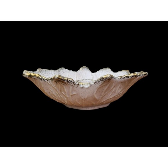 Vintage MCM California Pottery Candle Holder Textured Leaf Pink Gold Trim #117 - Picture 2 of 4